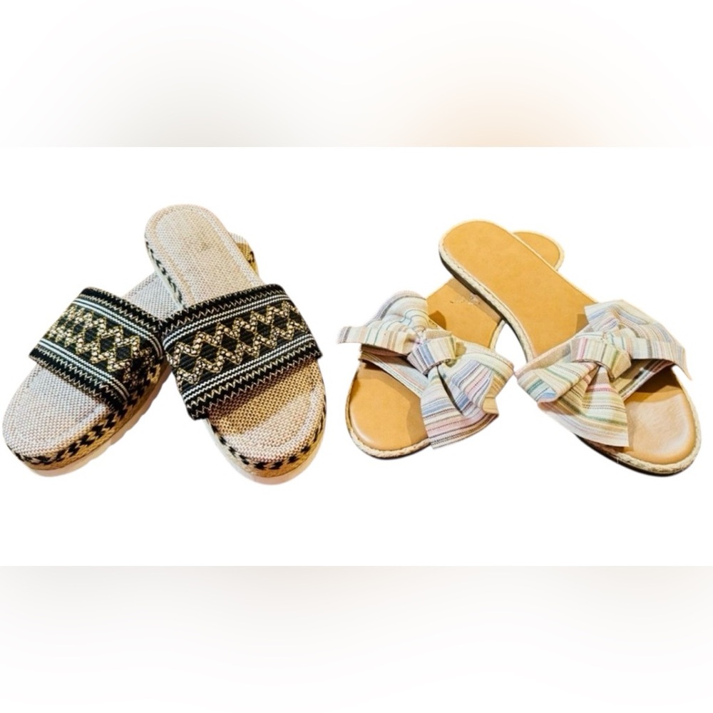 Size 9 Lot Casual Sandals Slip On Slides Canvas Stripe fabric Embroidered Woven